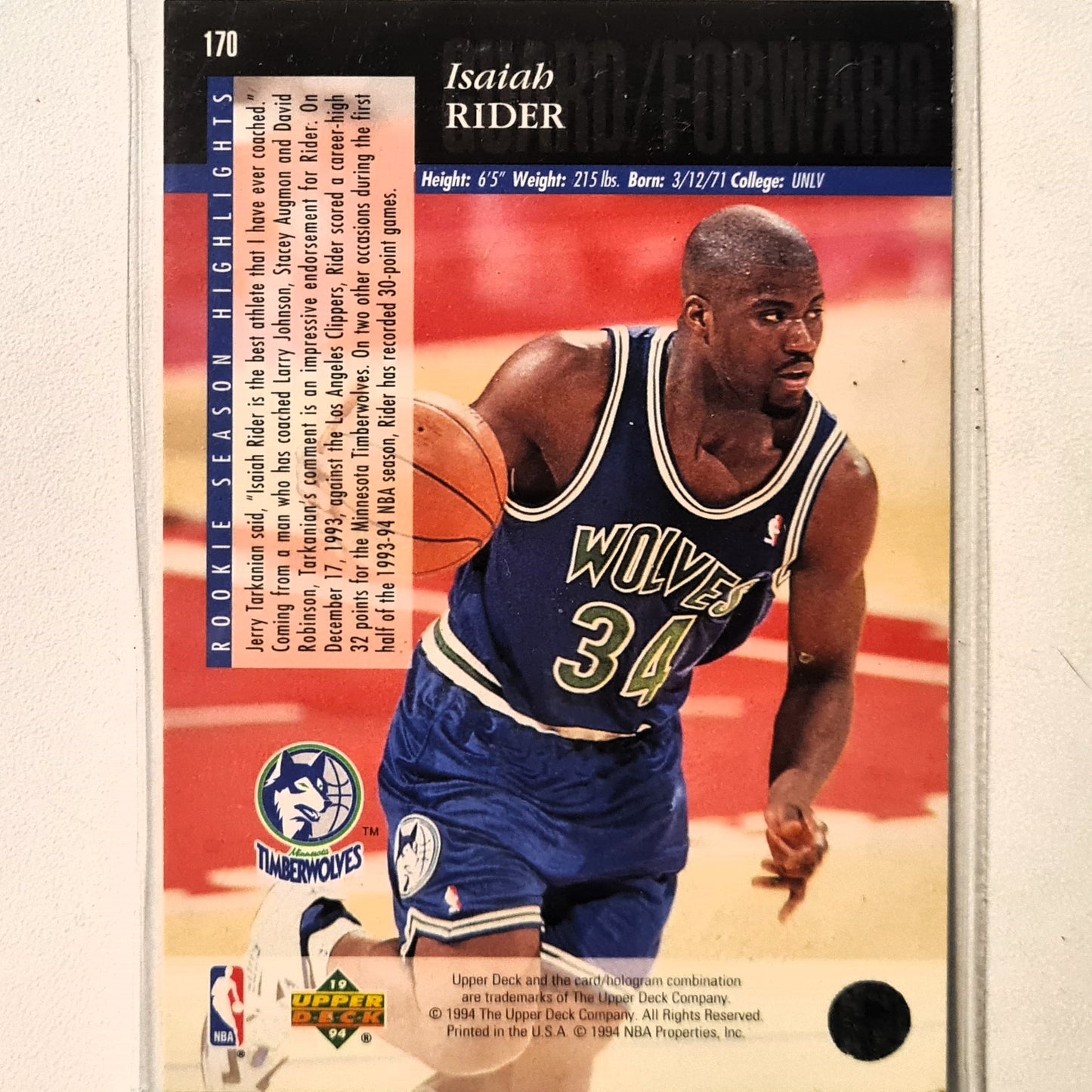 Isaiah Rider 1994 Upper-Deck Rookie RC #170 NBA Basketball Minnesota Timberwolves Excellent Sleeved