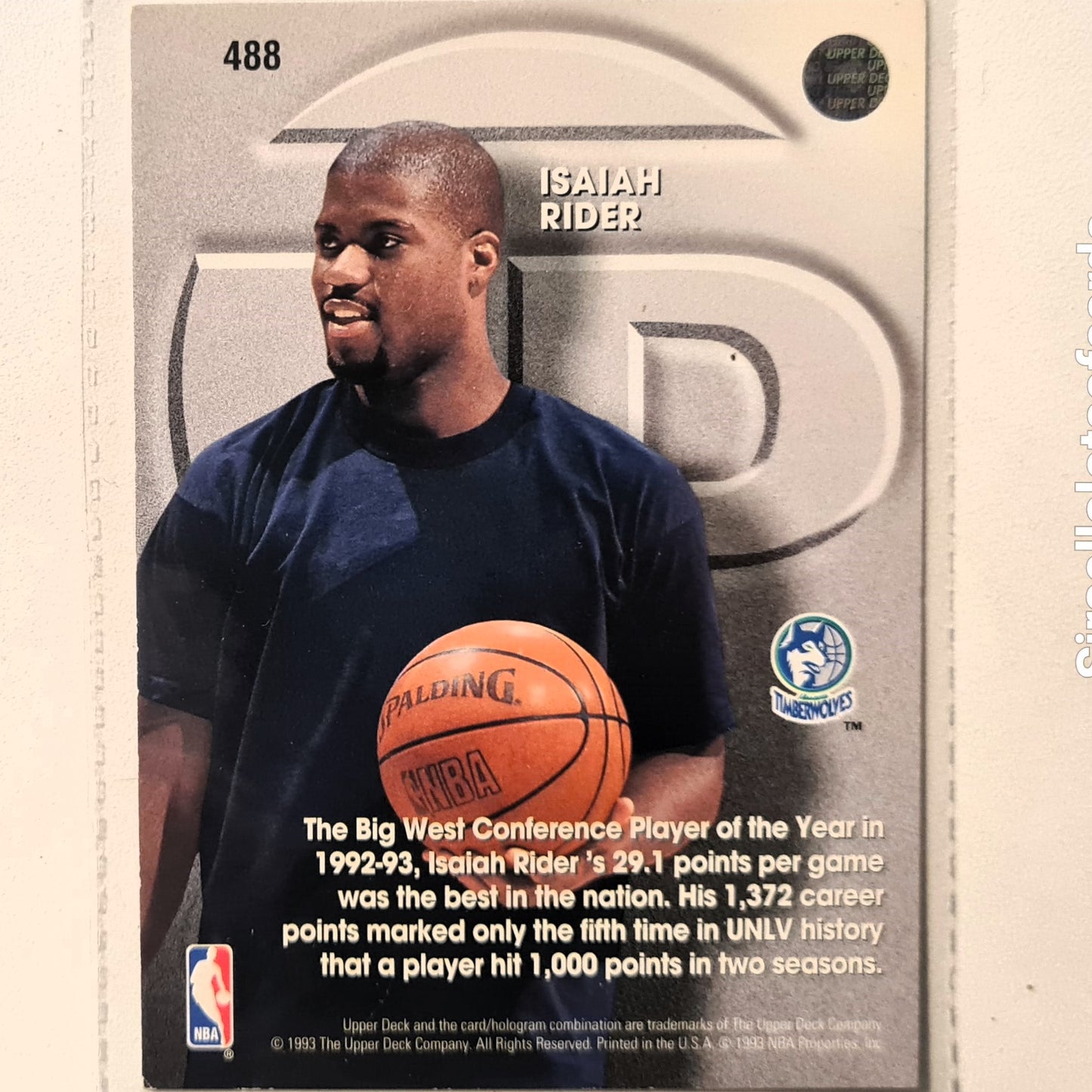 Isaiah Rider 1995 Upper-Deck Top Prospect Rookie RC #488 NBA Basketball Minnesota Timberwolves Very good Sleeved