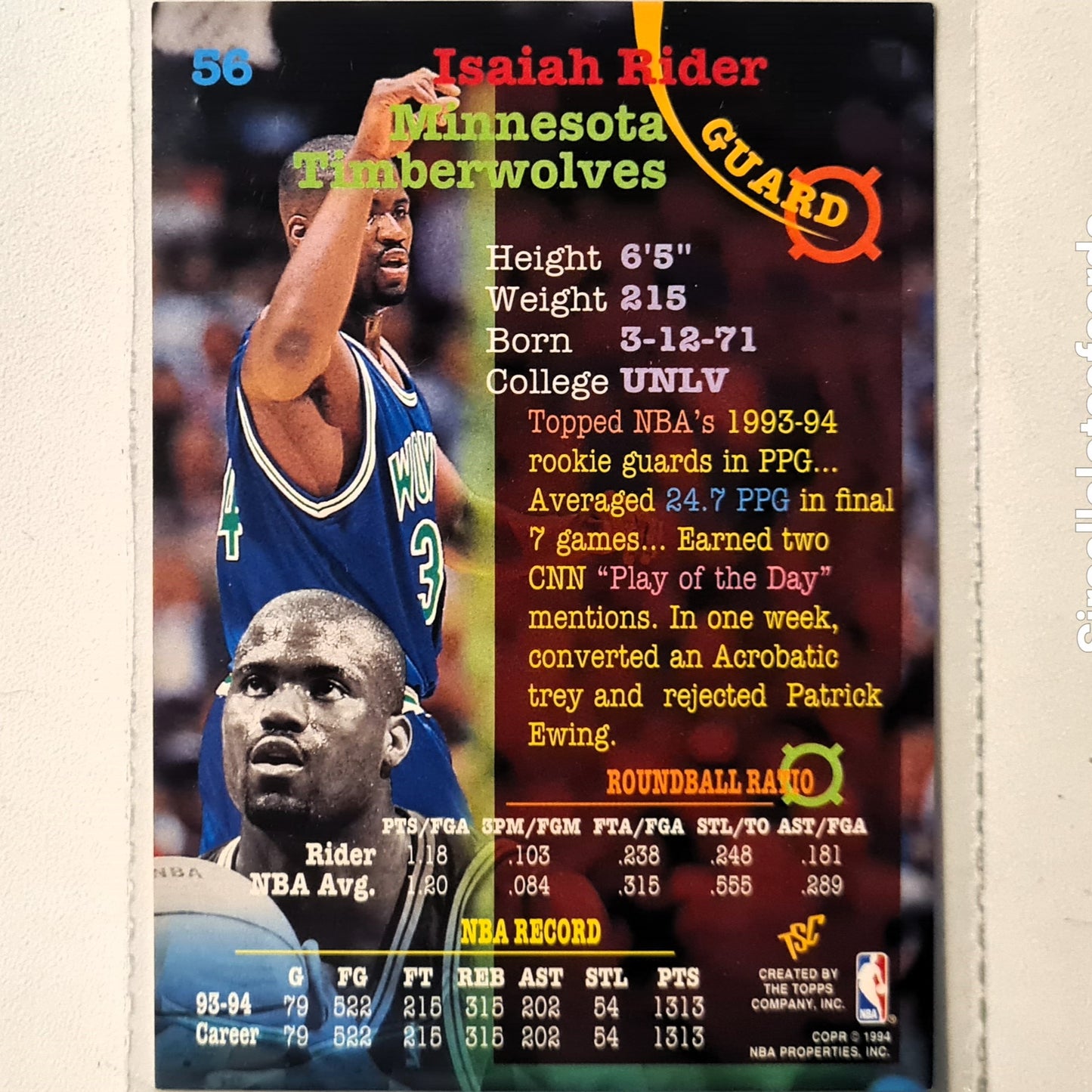 Isaiah Rider 1994 Topps stadium club Rookie RC #56 NBA Basketball Minnesota Timberwolves Excellent Sleeved