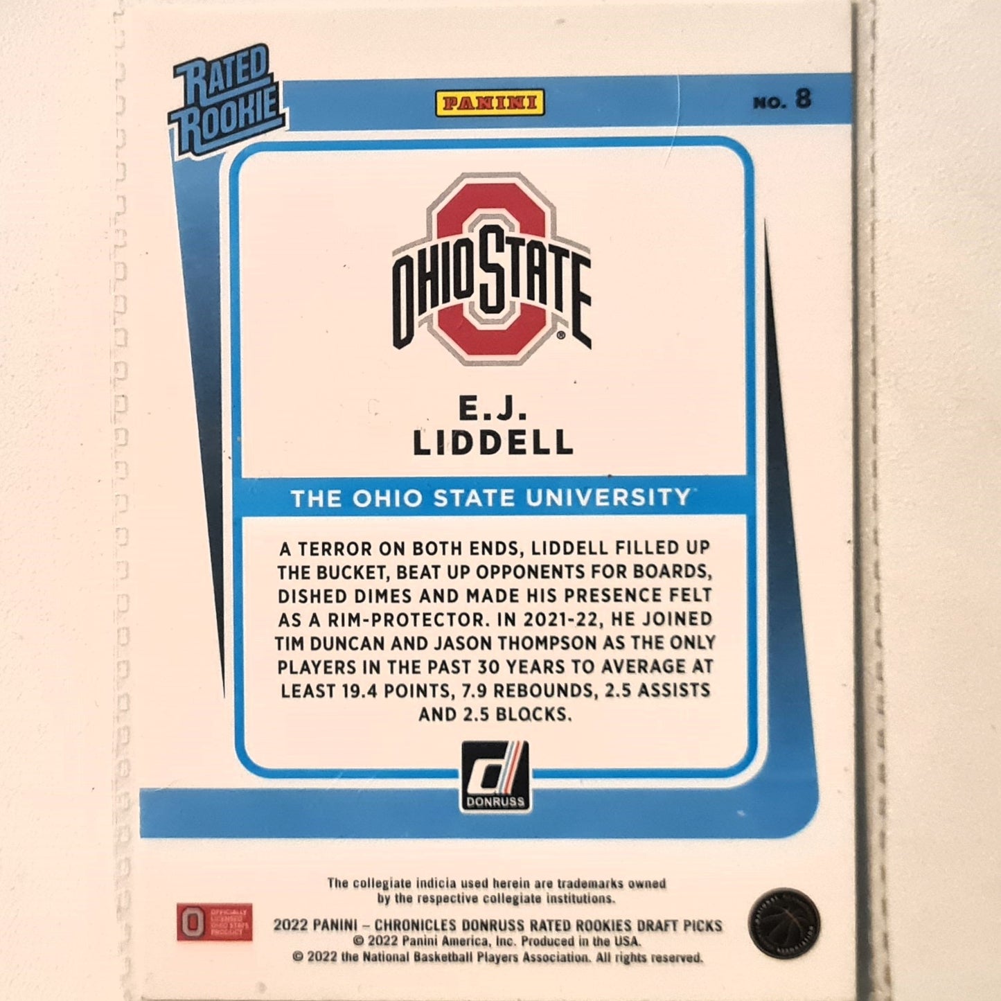 E.J. Liddell Panini Donruss rated rookie RC #8 NBA Basketball Ohio State Excellent Sleeved