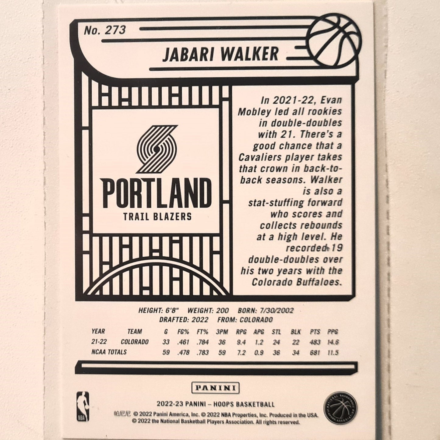 Jabari Walker 2022-23 NBA Hoops Winter rookie RC #273 NBA Basketball Portland Trail Blazers Excellent/mint Sleeved