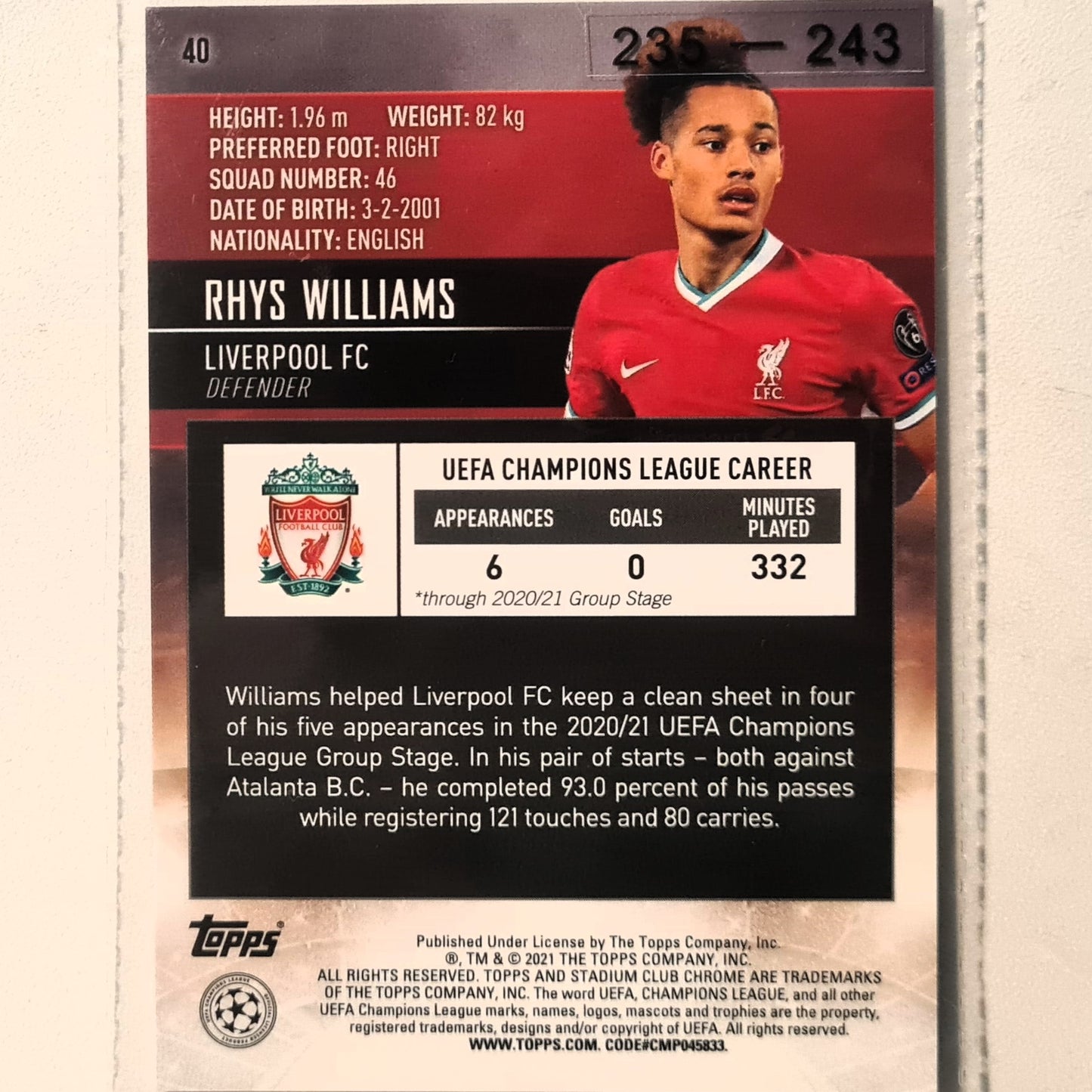 Rhys Williams 2021 Topps Champions League rookie RC #40 Soccer Football Liverpool Excellent/mint Sleeved