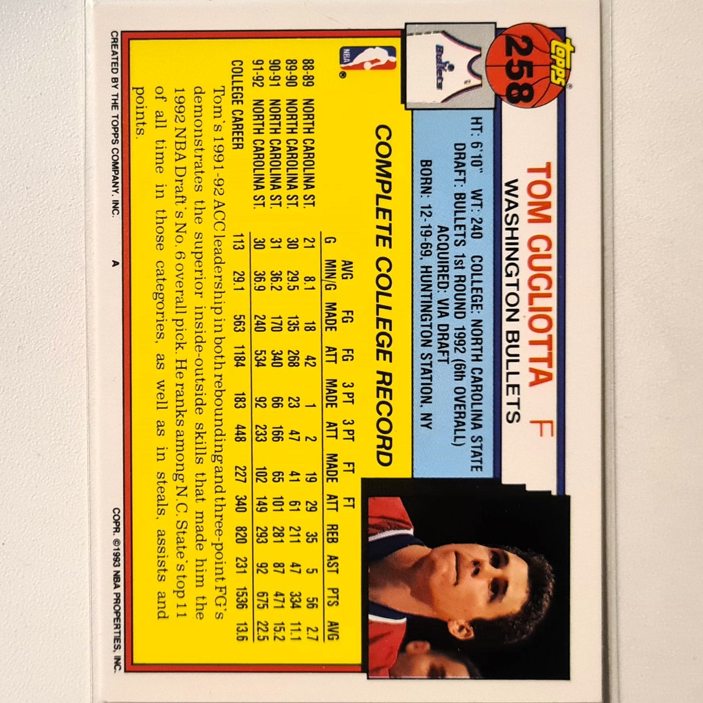 Tom Gugliotta 1993 Topps 92 draft pick Rookie RC #258 NBA Basketball Washington Bullets Excellent sleeved