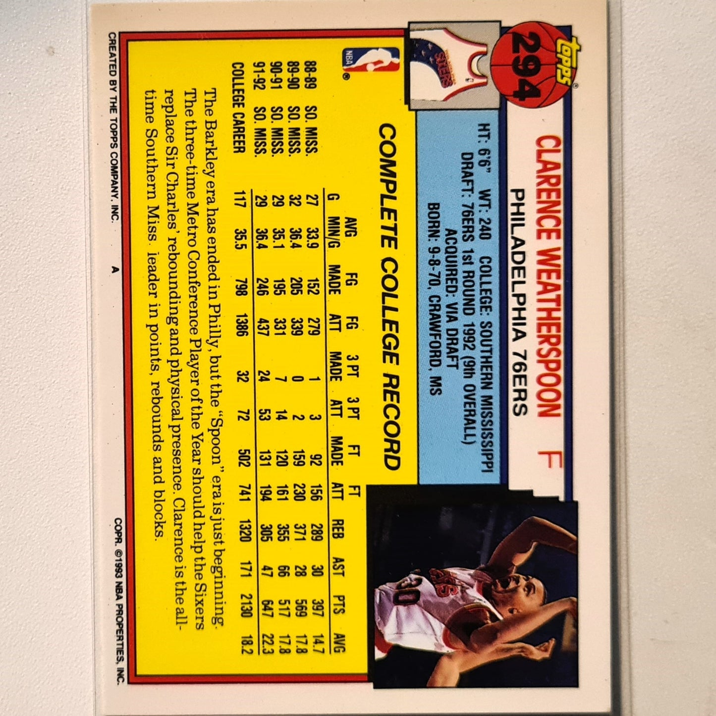 Clarence Weatherspoon 1993 Topps 92 draft pick Rookie RC #294 NBA Basketball Philadelphia 76ers Excellent sleeved