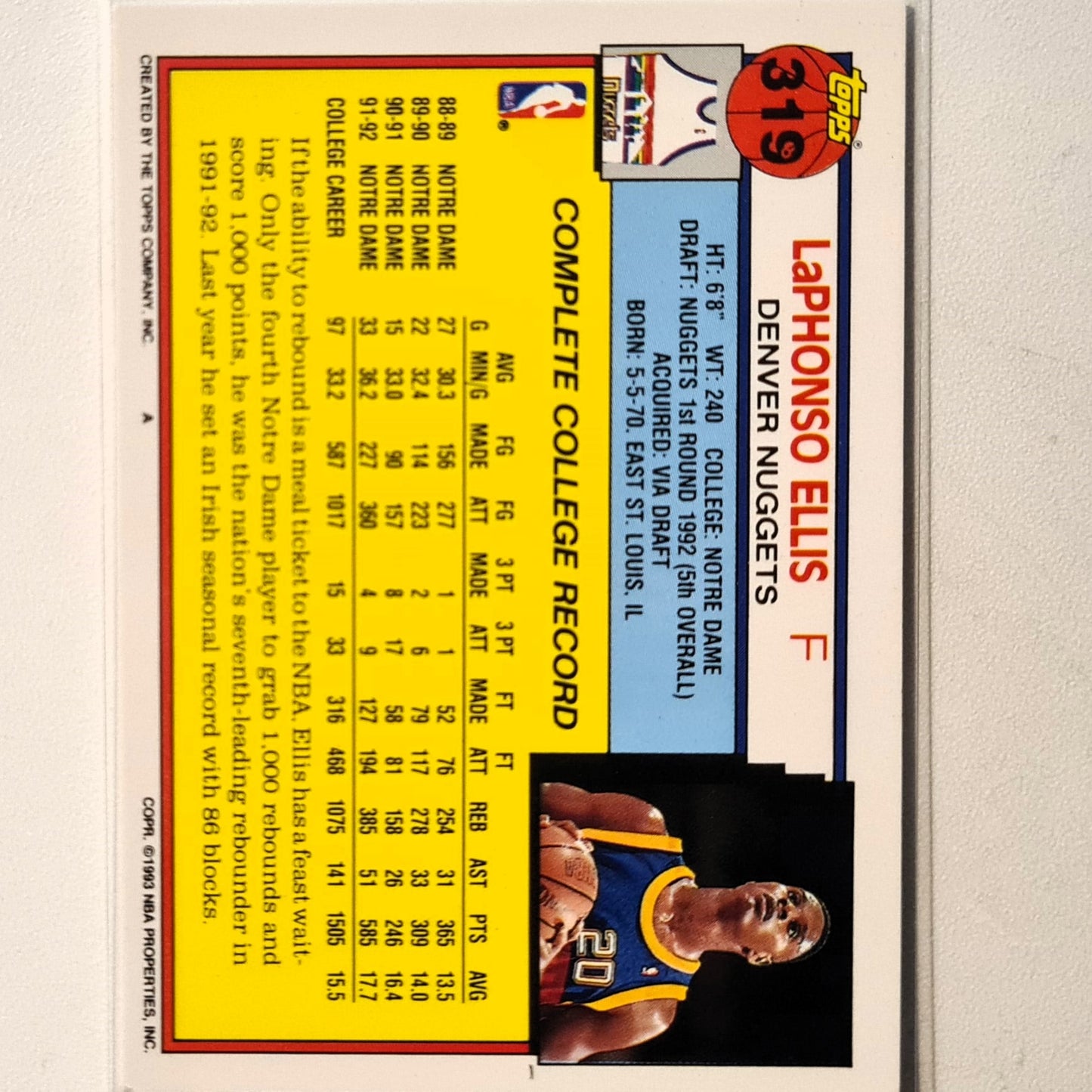 LaPhonso Ellis 1993 Topps 92 draft pick Rookie RC #319 NBA Basketball Denver Nuggets Excellent sleeved