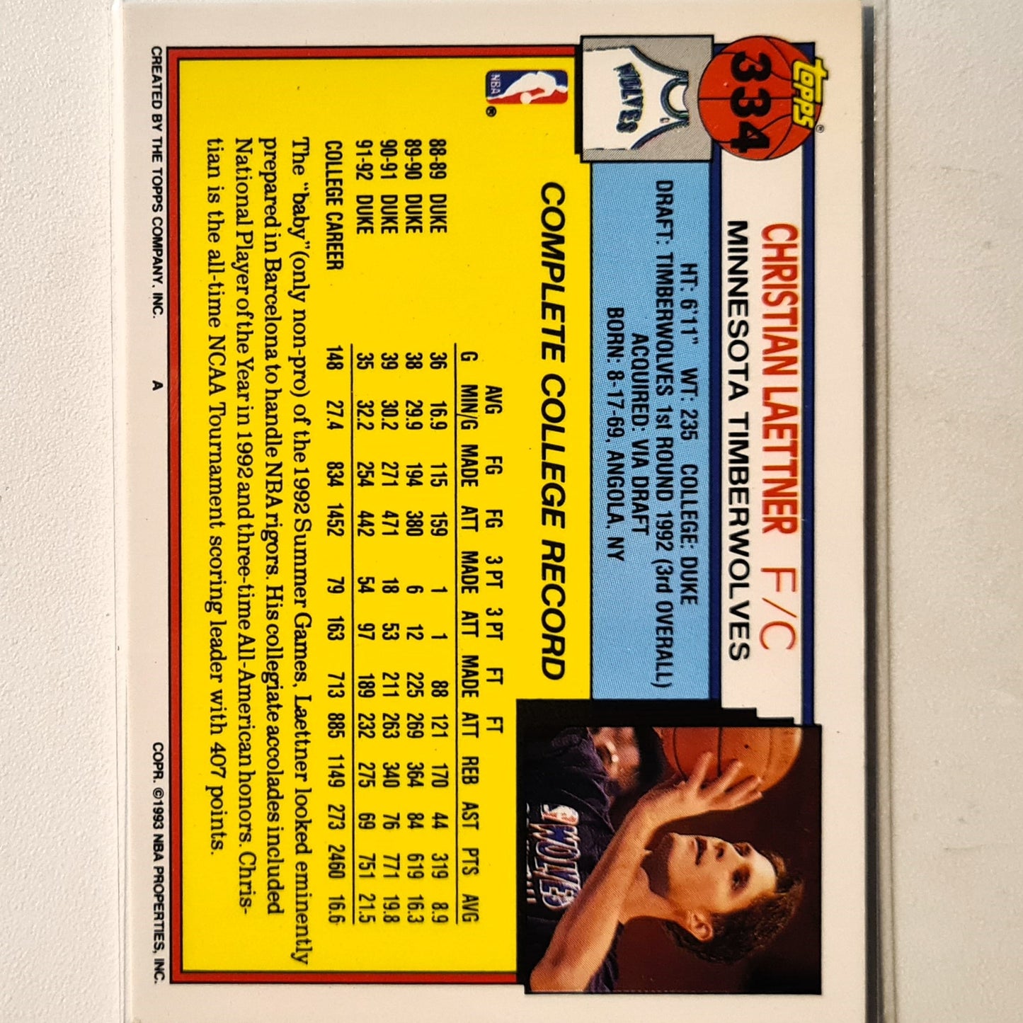 Christian Laettner 1993 Topps 92 draft pick Rookie RC #334 NBA Basketball Minnesota Timberwolves Excellent sleeved