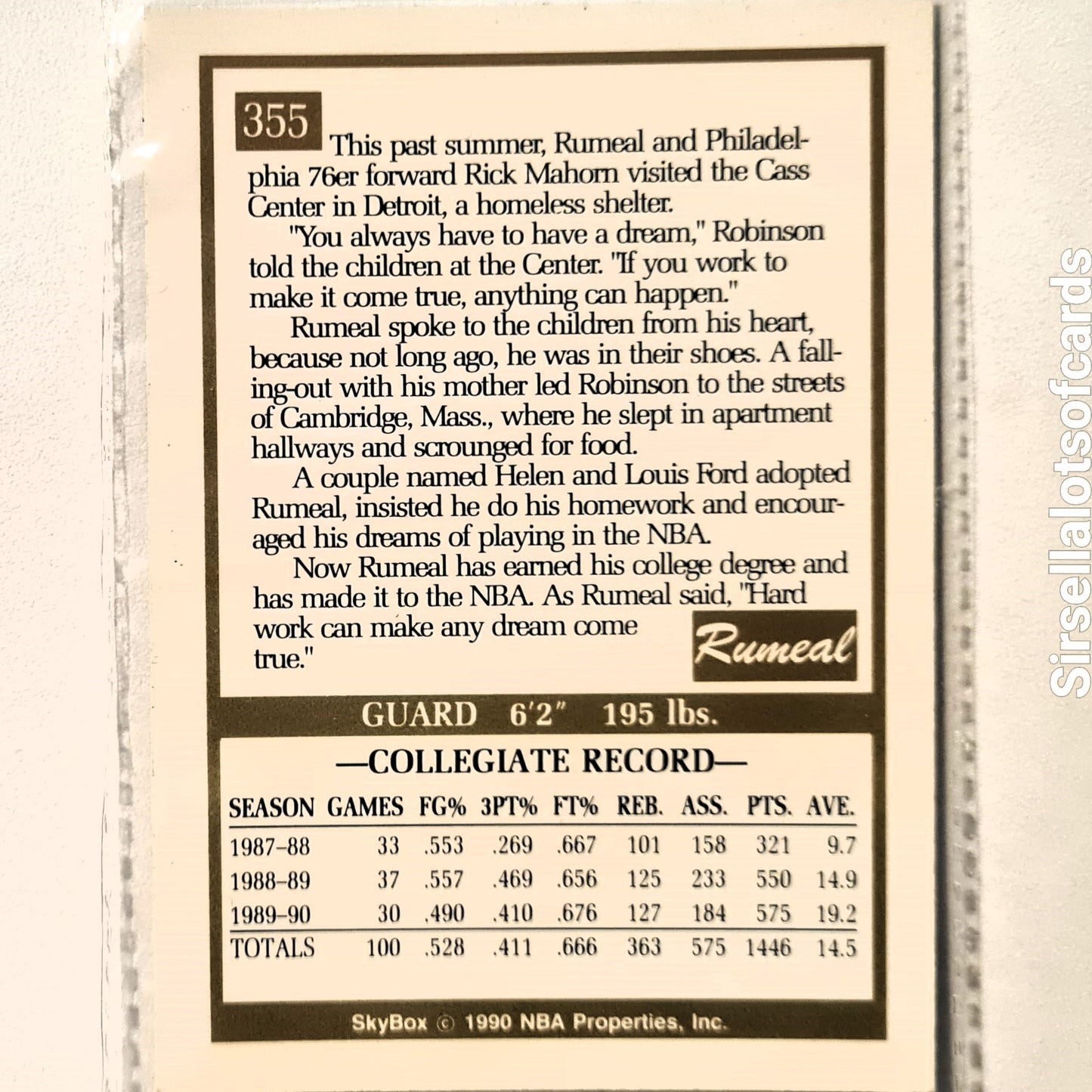 Rumeal Robinson 1990 Skybox draft Rookie RC #355 NBA Basketball Atlanta Hawks Excellent Sleeved