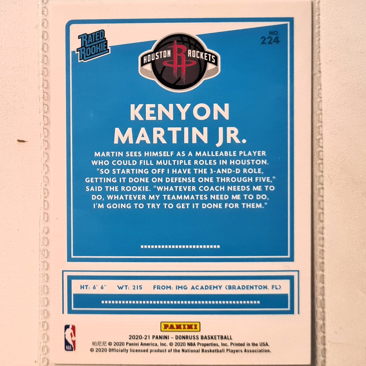 Kenyon Martin Jr 2020-21 Panini Donruss Rated Rookie RC #224 NBA Basketball Houston Rockets Excellent sleeved