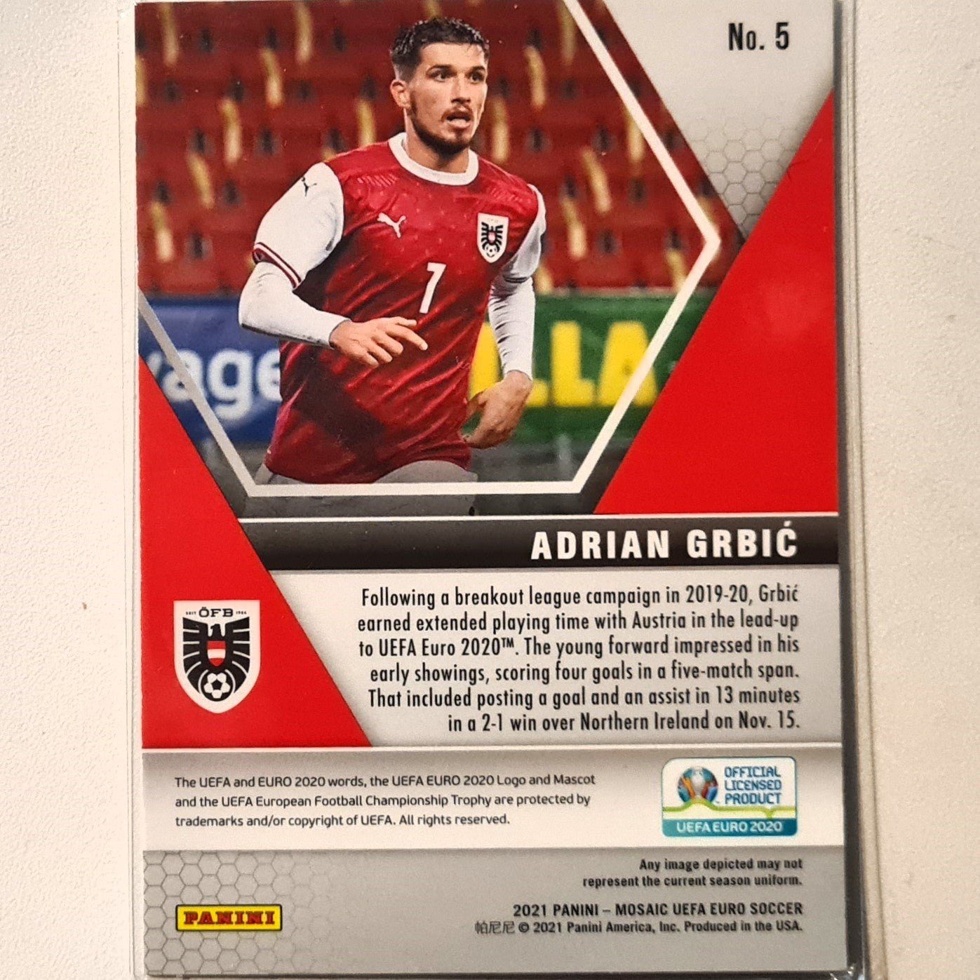 Adrian Grbic 2021 euro 2020  Panini Mosaic Rookie RC #5 Soccer football Austria Excellent sleeved