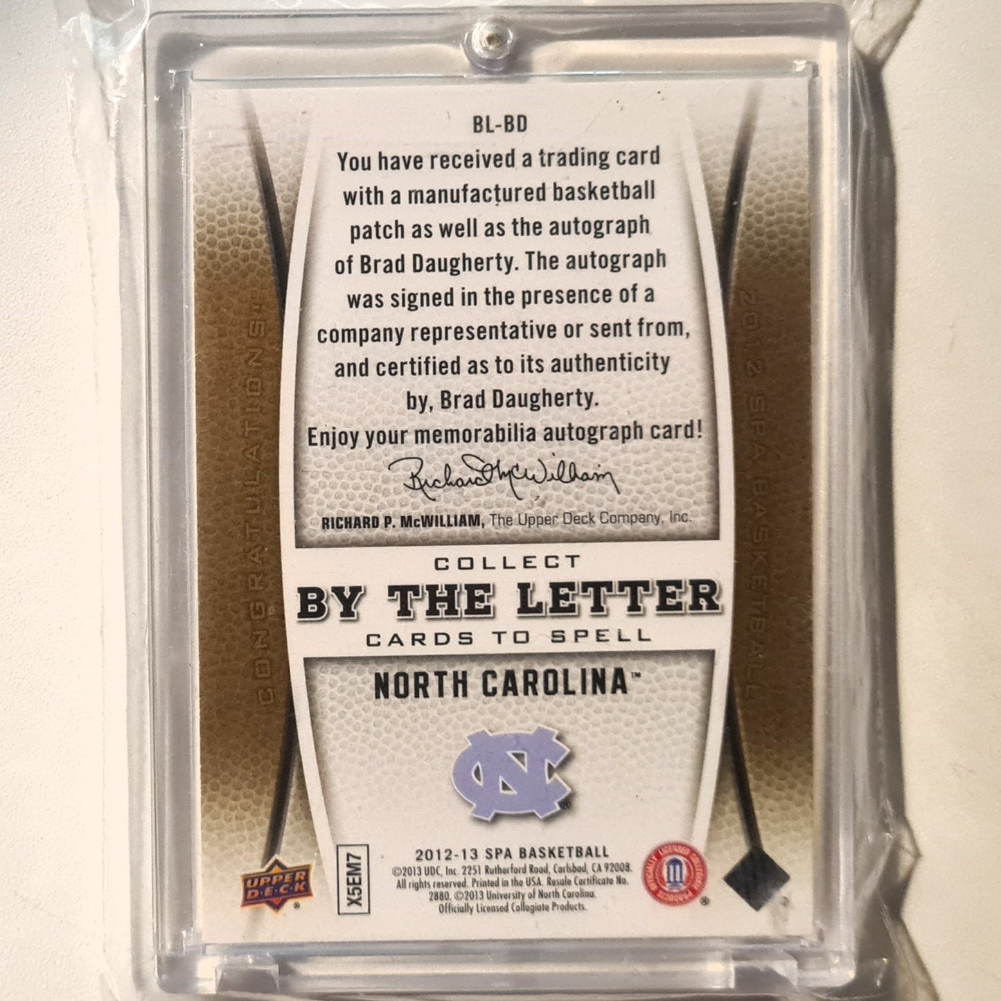 Brad Daugherty 2012-13 Upper-Deck by the letter Autograph relic patch  BL-BD NBA Basketball Tar Heels Excellent sleeved