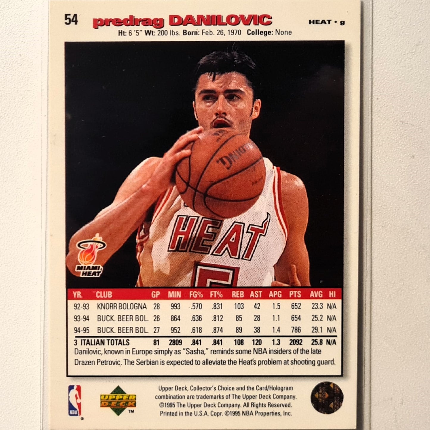 Sasha Danilovic 1995 Upper-Deck Rookie RC #54 NBA Basketball Miami Heat Excellent sleeved