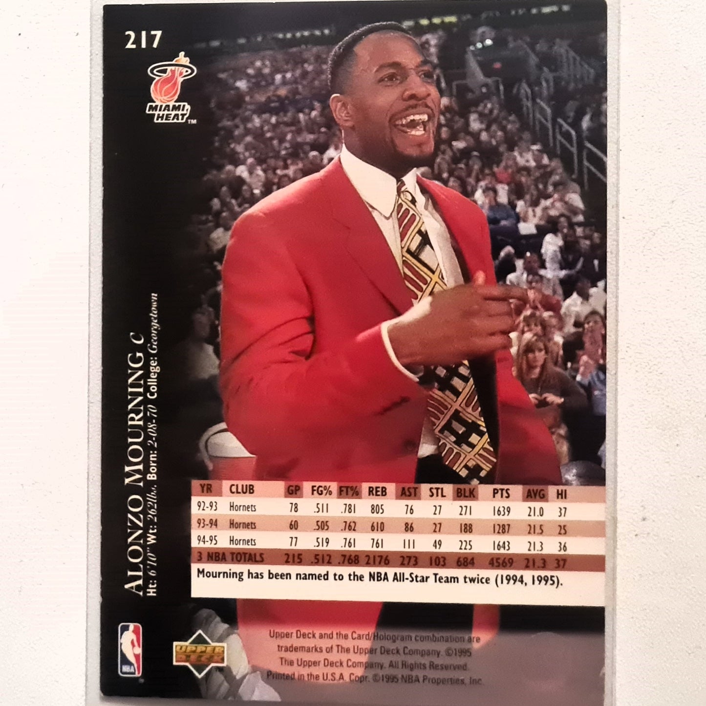 Alonzo Mourning 1995 Upper-Deck #217 NBA Basketball Charlotte Hornets very good Sleeved