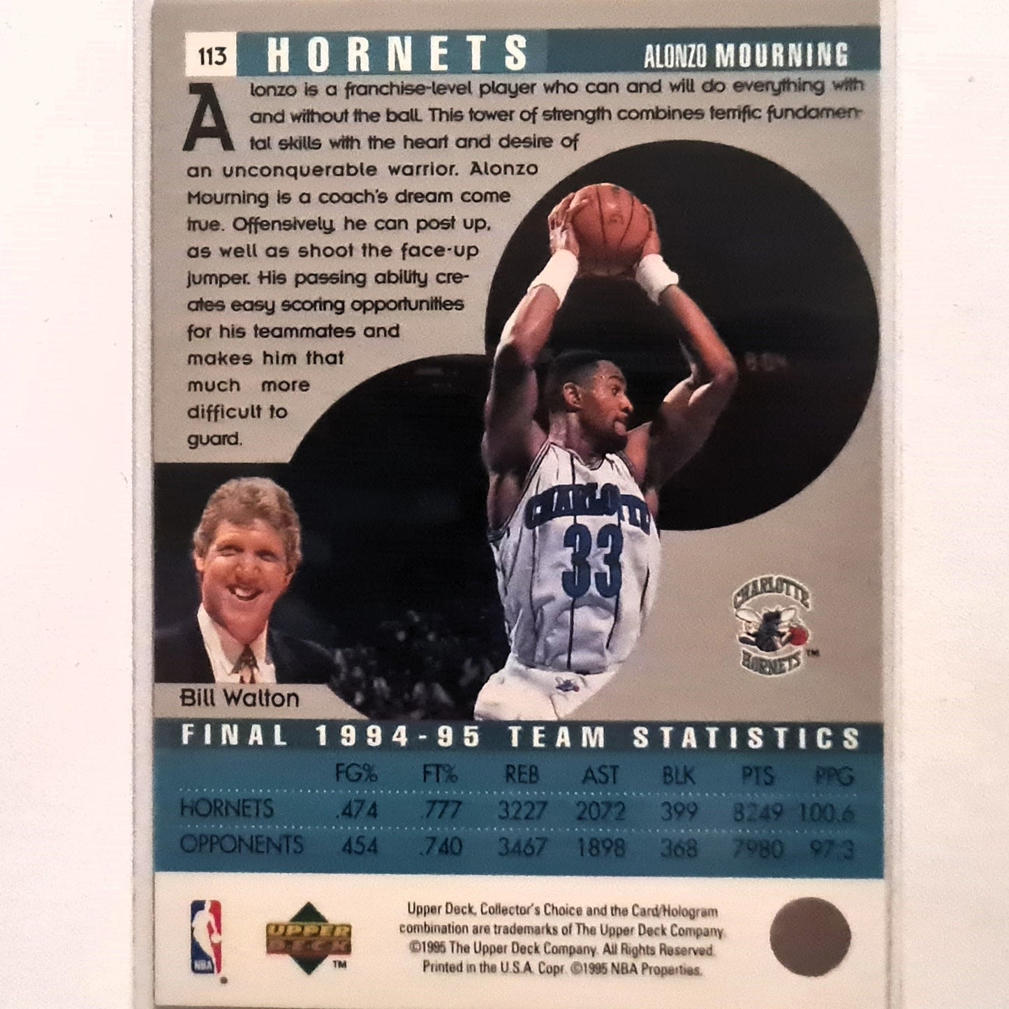 Alonzo Mourning 1995 Upper-Deck Scouting #113 NBA Basketball Charlotte Hornets Excellent Sleeved