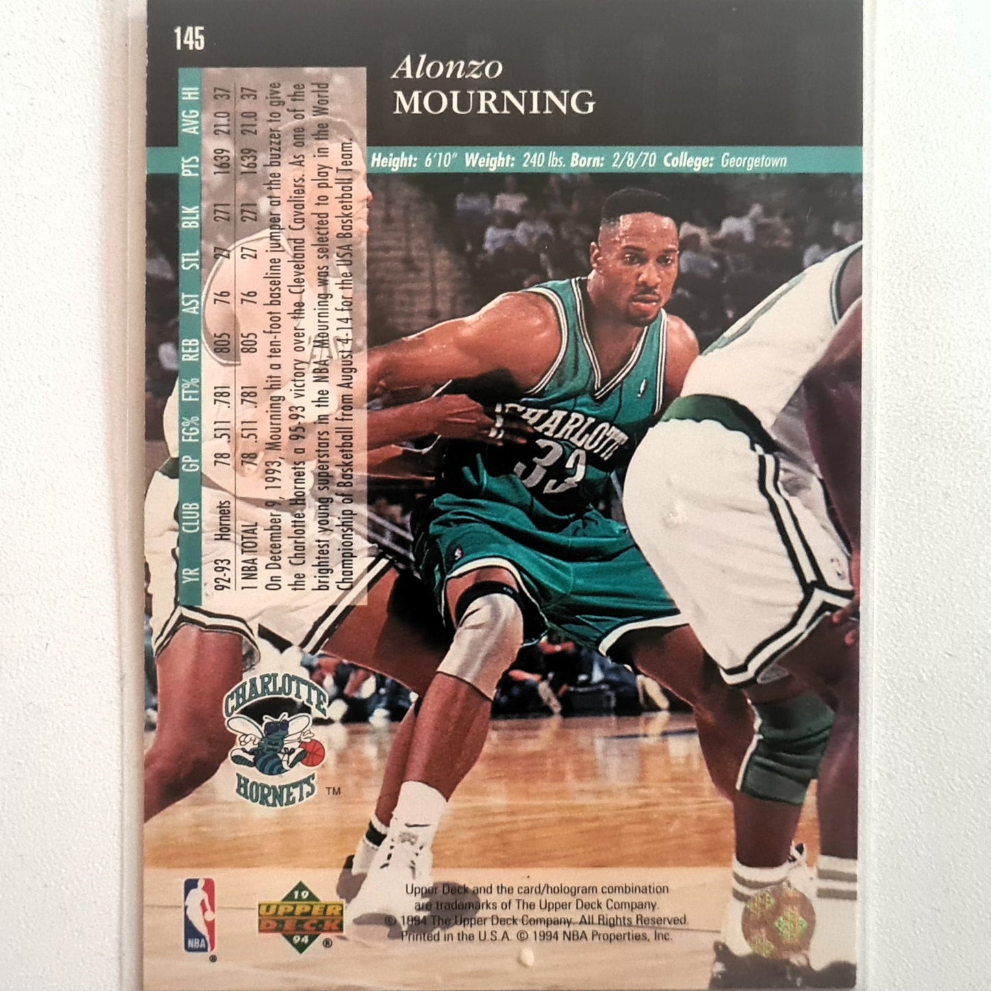 Alonzo Mourning 1994 Upper-Deck #145 NBA Basketball Charlotte Hornets very good Sleeved