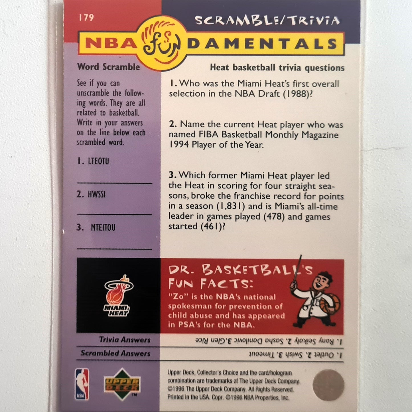 Alonzo Mourning 1996 Upper-Deck Fundamentals #179 NBA Basketball Miami Heat Excellent Sleeved