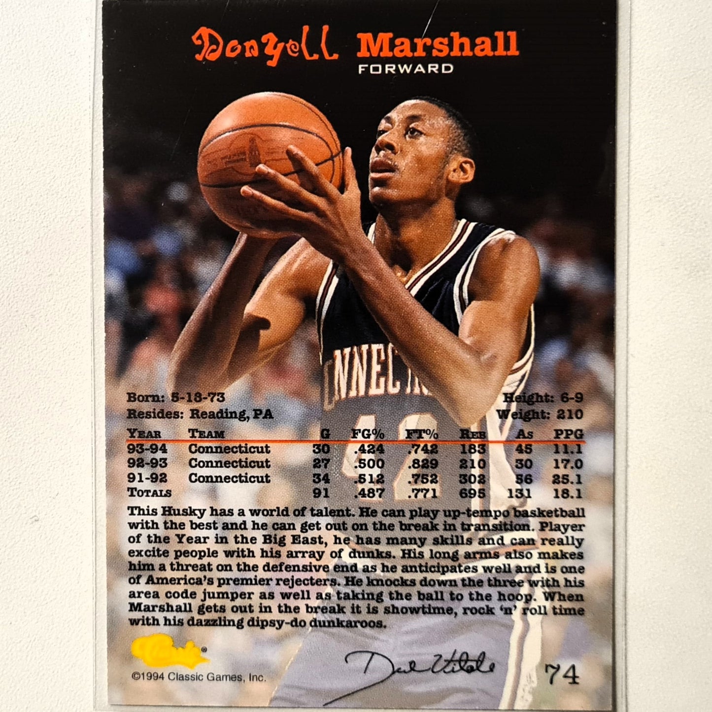 Donyell Marshall 1994 Classic Rookie RC #74 NBA Basketball Minnesota Timberwolves excellent sleeved