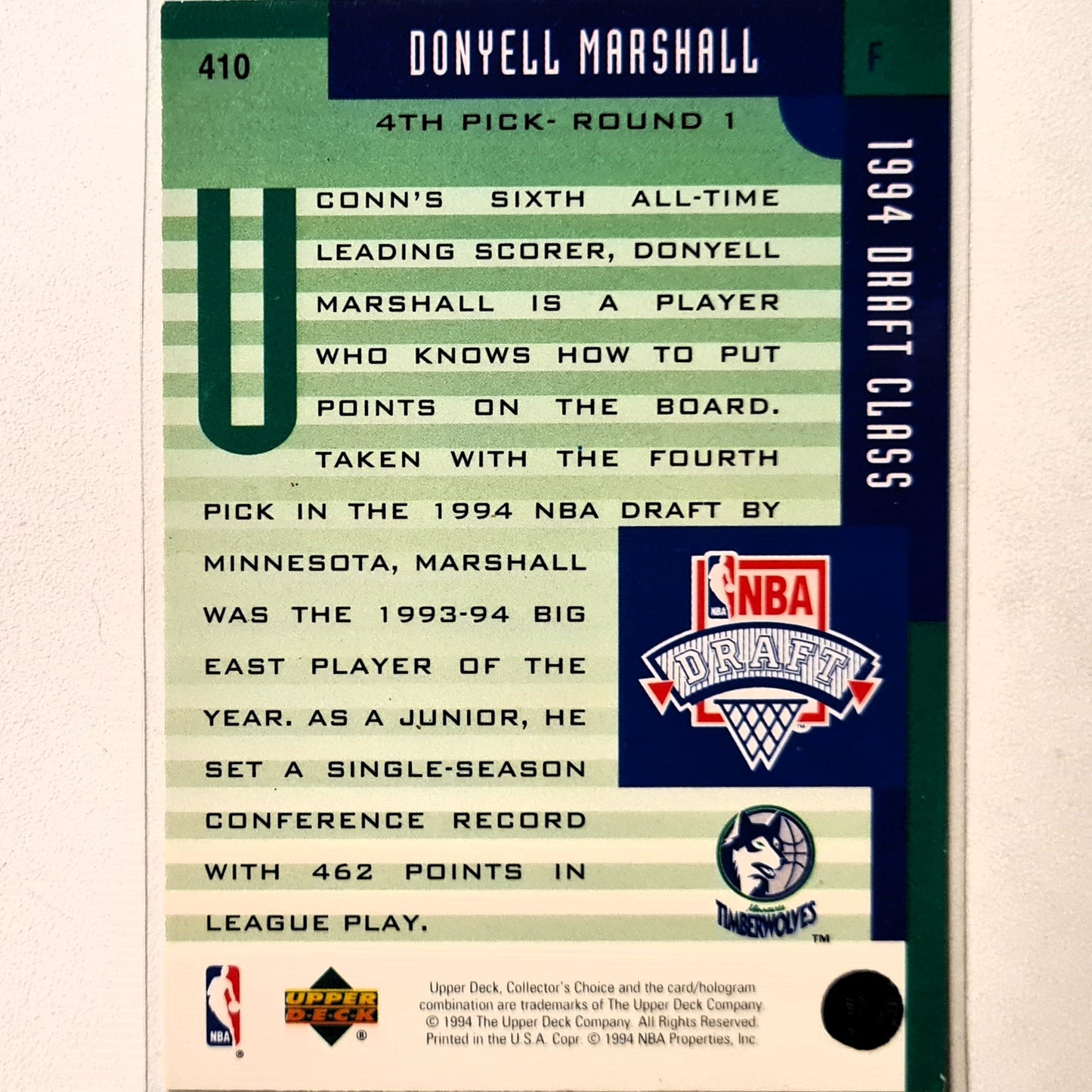 Donyell Marshall 1994 Upper-Deck Draft Class Rookie RC #410 NBA Basketball Minnesota Timberwolves excellent sleeved