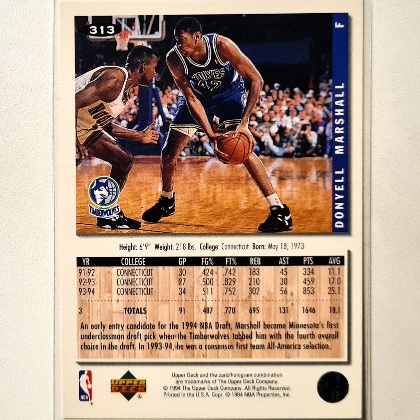 Donyell Marshall 1994 Upper-Deck Rookie RC #313 NBA Basketball Minnesota Timberwolves  excellent sleeved