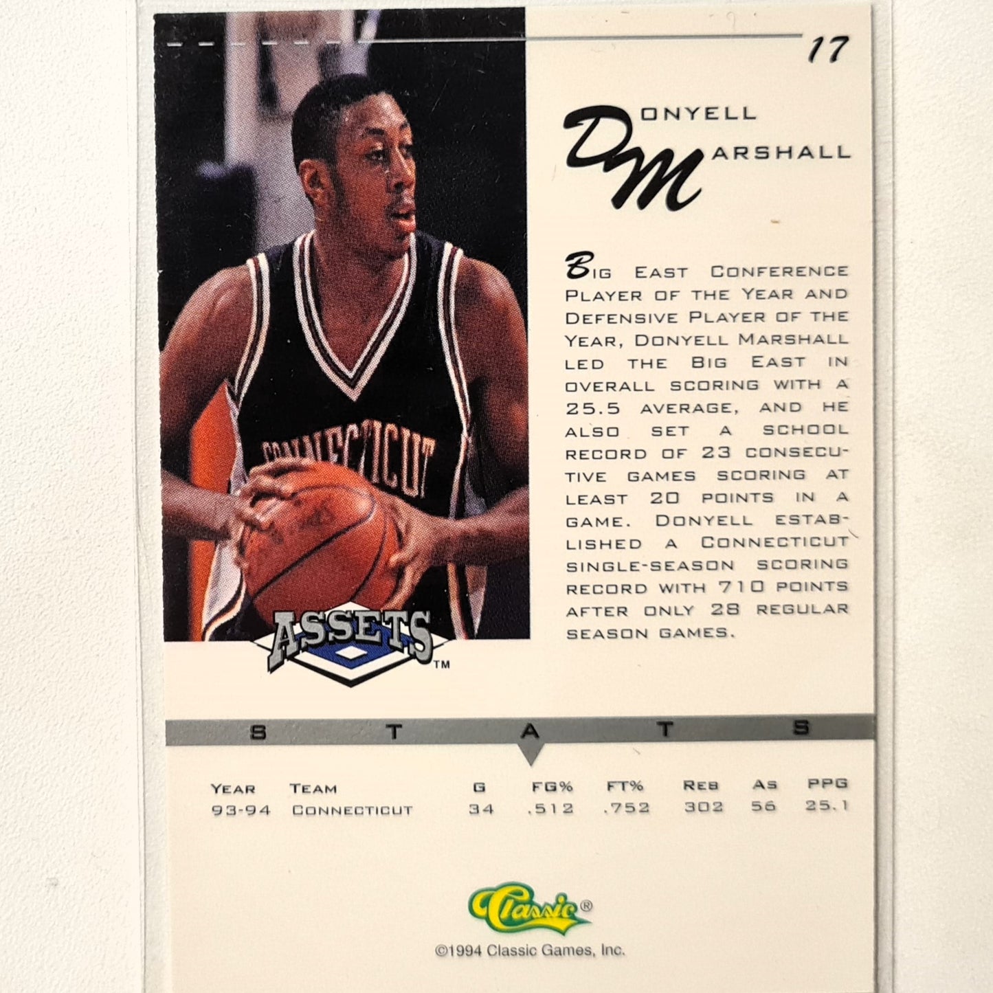 Donyell Marshall 1994 Classic  Assets silver printed auto Rookie RC #203 NBA Basketball Minnesota Timberwolves excellent sleeved