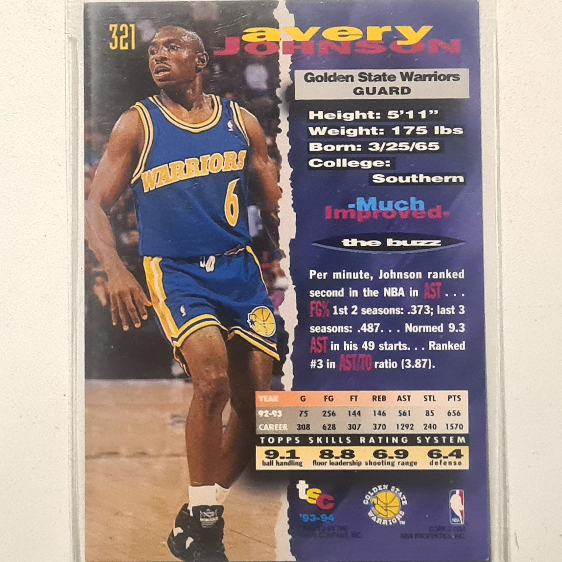 Avery Johnson 1994 Topps Stadium Club 93-94 #321 NBA Basketball Golden State Warriors very good Sleeved