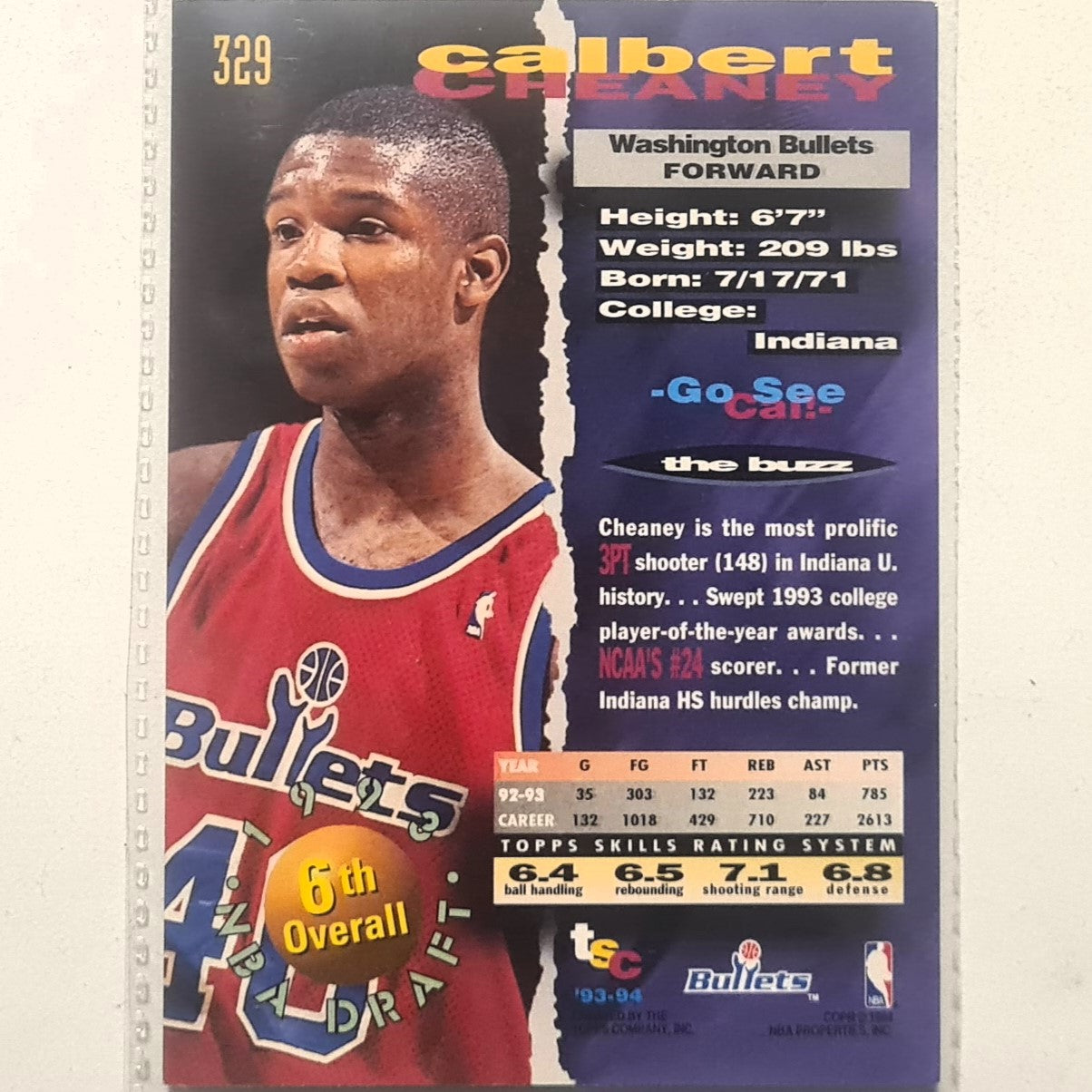 Calbert Cheaney 1994 Topps Stadium Club 93-94 Draft pick Rookie RC #329 NBA Basketball Washington Bullets very good Sleeved