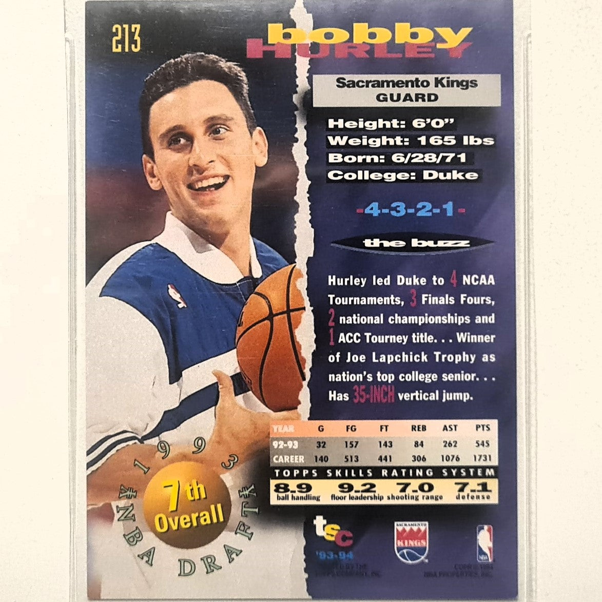 Bob Hurley 1994 Topps Stadium Club 93-94 Draft pick Rookie RC #213 NBA Basketball Sacramento Kings very good Sleeved