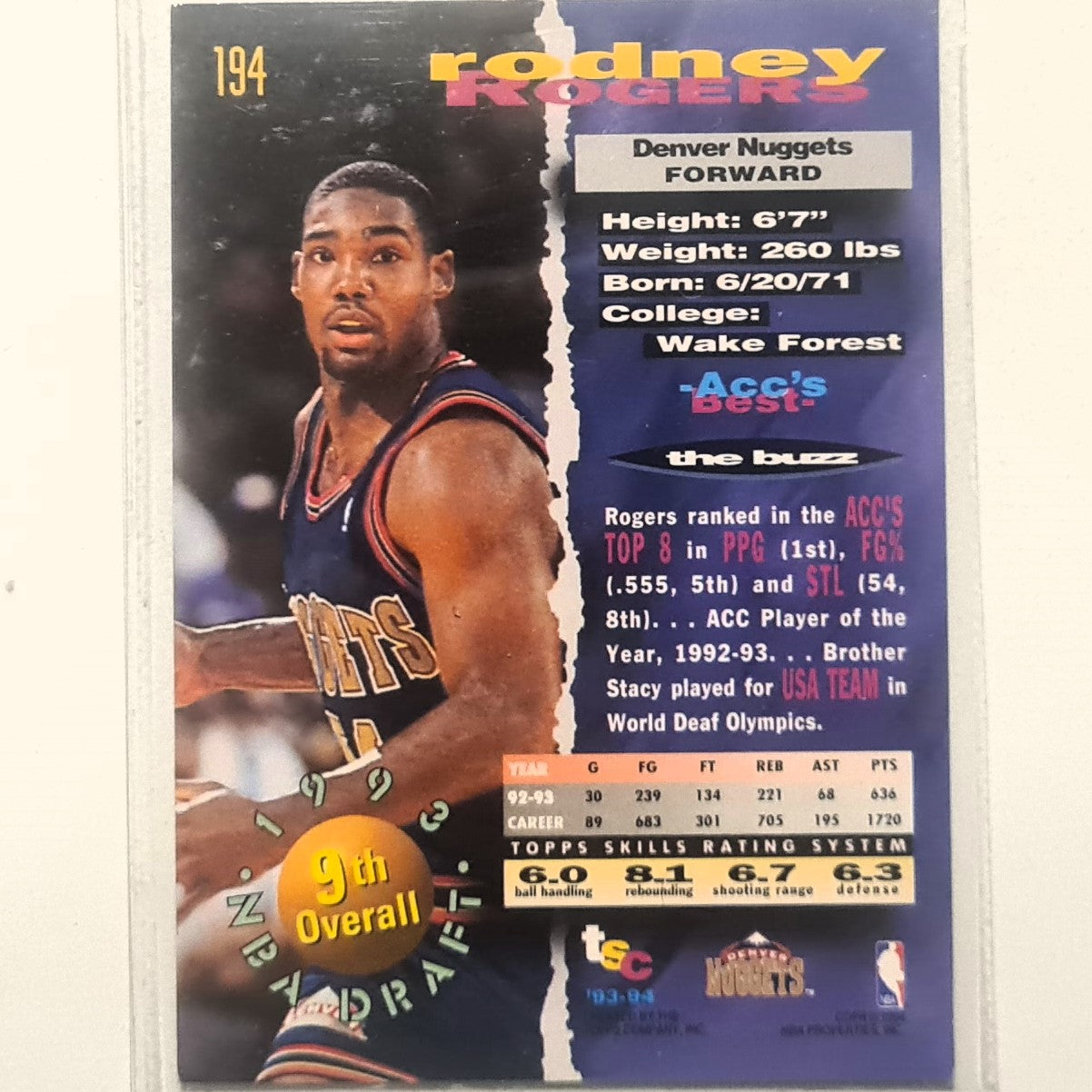 Rodney Rogers 1994 Topps Stadium Club 93-94 Draft pick Rookie RC #194 NBA Basketball Denver Nuggets very good Sleeved