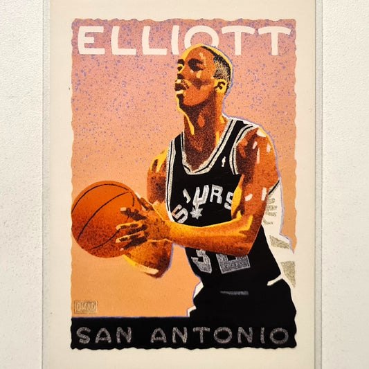 Sean Elliott 1991 NBA Hoops Oscar Hernandez illustrated #526 NBA Basketball San Antonio Spurs Excellent+ sleeved