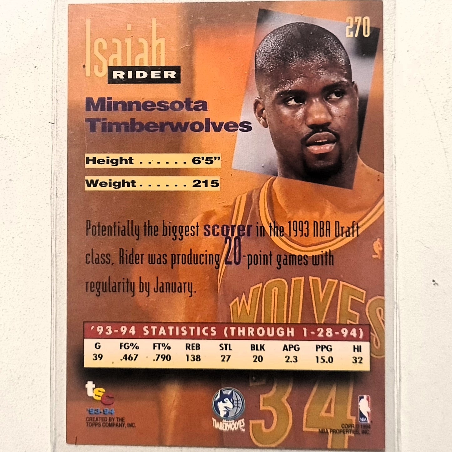 Isaiah Rider 1994 Topps Stadium Club 93-94 New Wave rookie RC #270 NBA Basketball Minnesota Timberwolves very good Sleeved