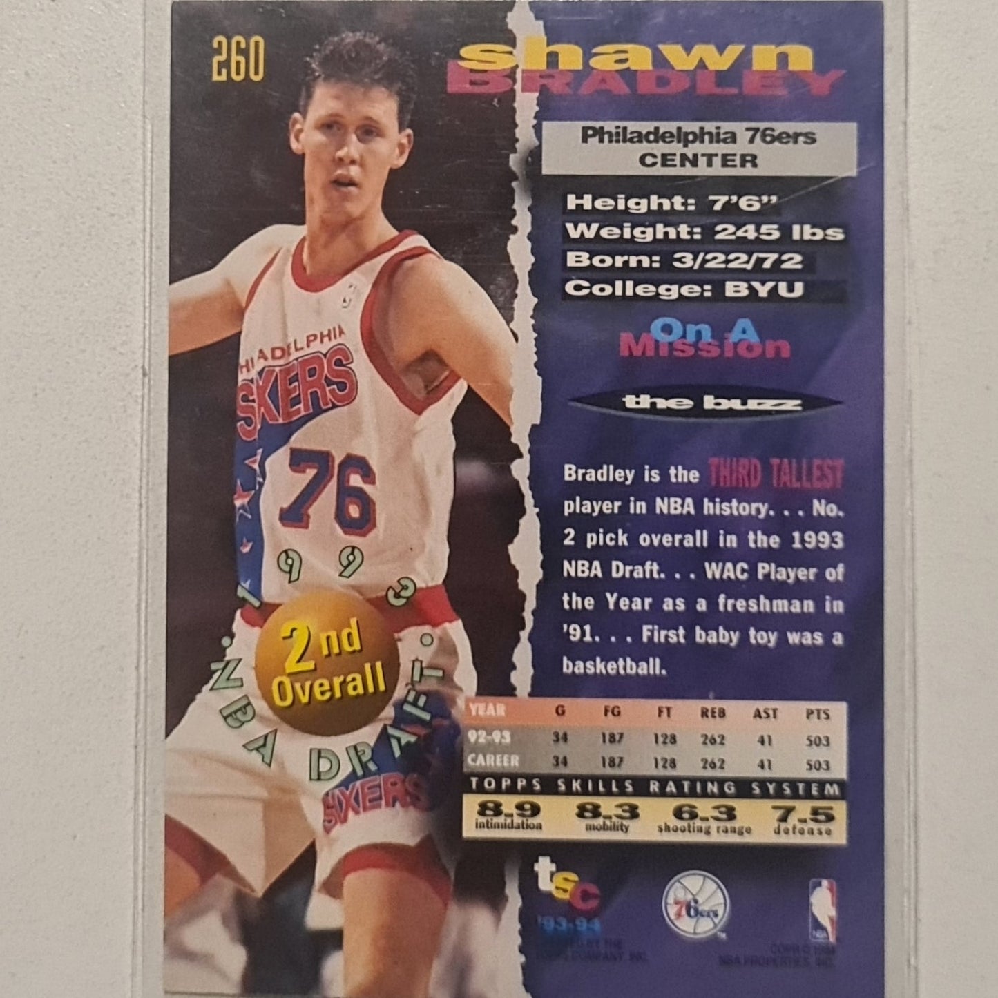 Shawn Bradley 1994 Topps Stadium Club 93 Draft pick Rookie RC #260 NBA Basketball Philadelphia 76ers very good Sleeved