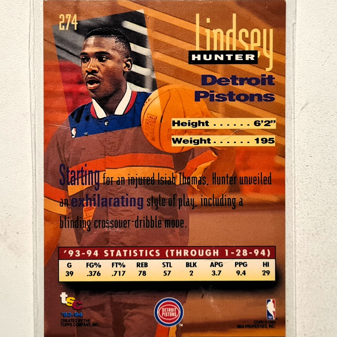 Lindsey Hunter 1994 Topps Stadium Club 93-94 93 Draft pick rookie RC #274 NBA Basketball Detroit Pistons very good Sleeved