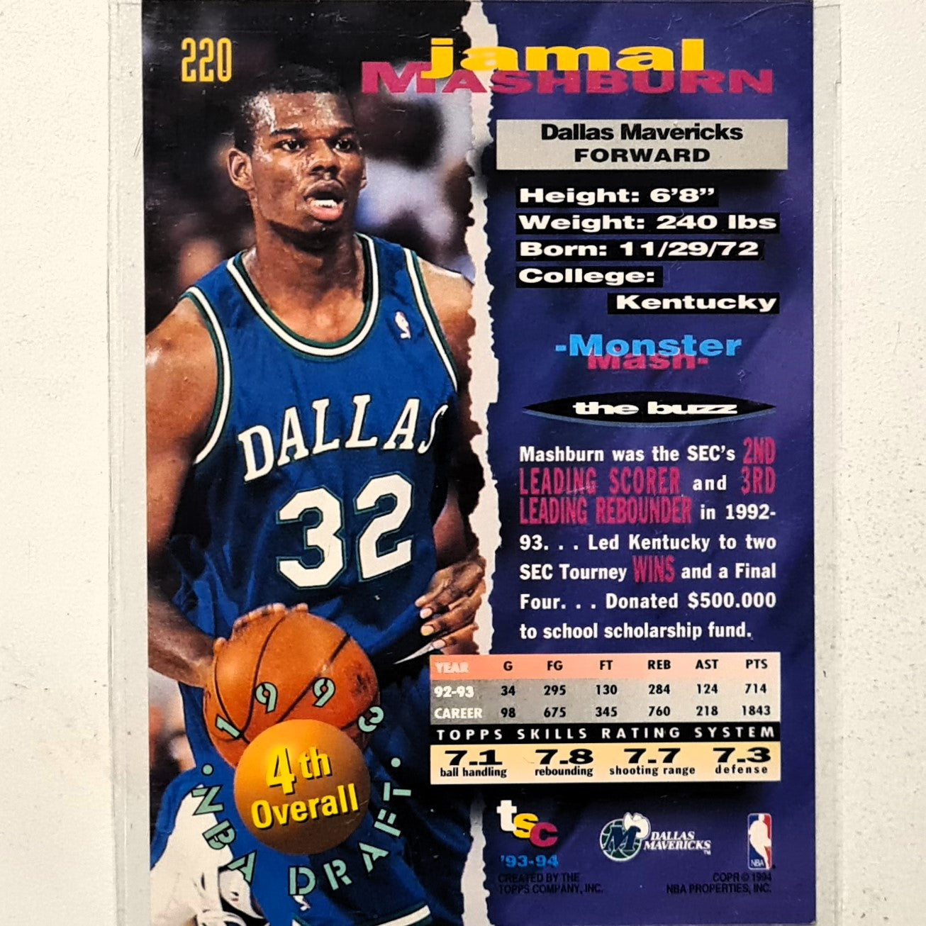 Jamal Mashburn 1994 Topps Stadium Club 93-94 93 Draft pick rookie RC #220 NBA Basketball Dallas Mavericks very good Sleeved