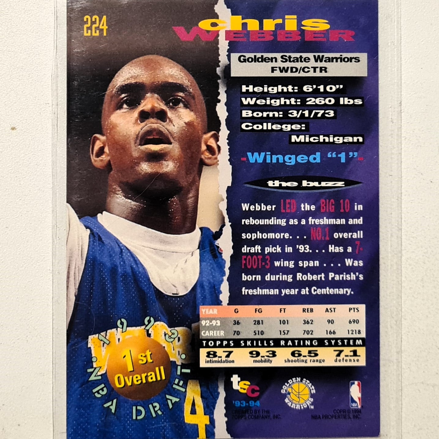 Chris Webber 1994 Topps Stadium Club 93-94 93 Draft pick rookie RC #224 NBA Basketball Golden State Warriors very good Sleeved