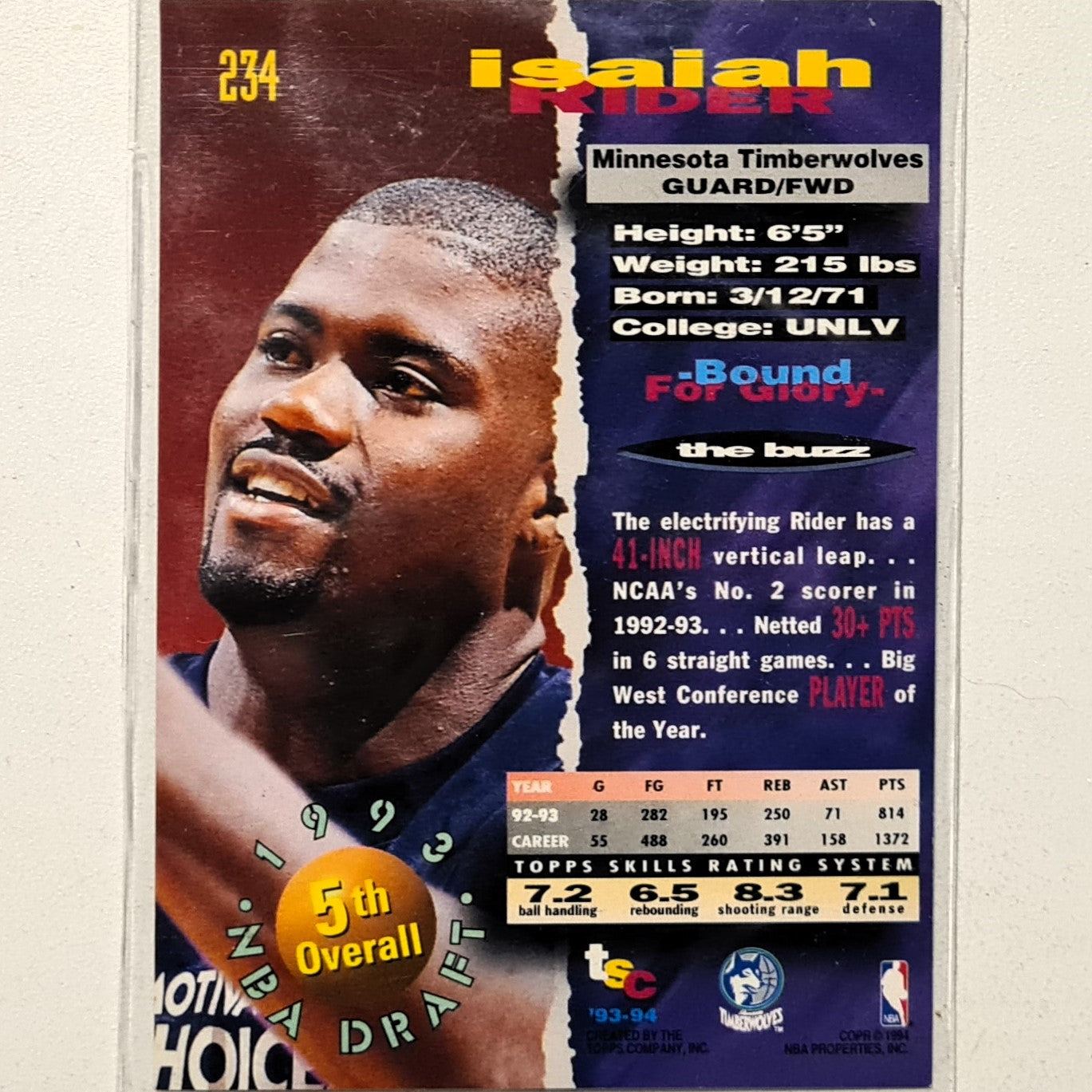 Isaiah Rider 1994 Topps Stadium Club 93-94 93 Draft pick rookie RC #234 NBA Basketball Minnesota Timberwolves very good Sleeved