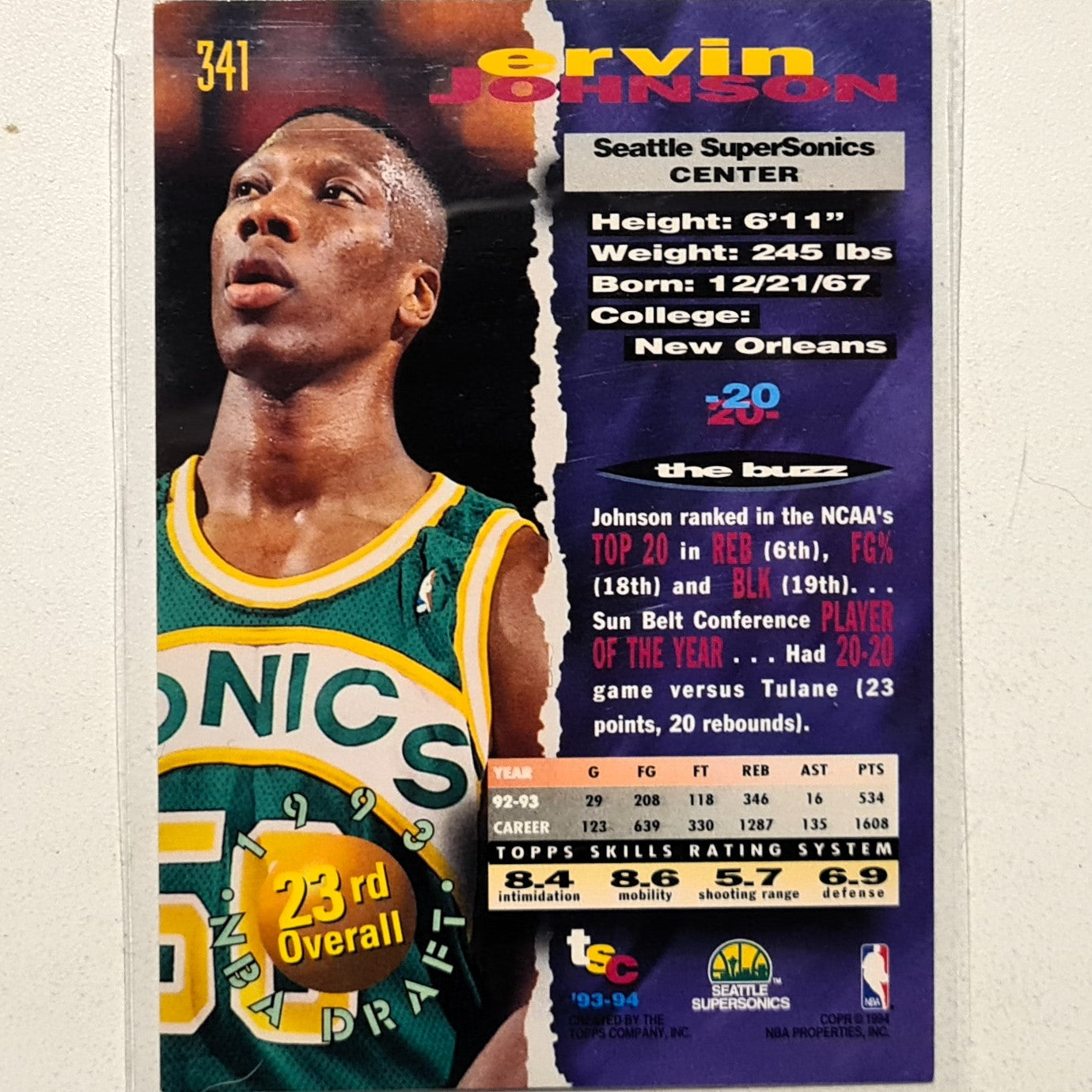 Ervin Johnson 1994 Topps Stadium Club 93-94 93 Draft pick rookie RC #341 NBA Basketball Seattle Super Sonics very good Sleeved