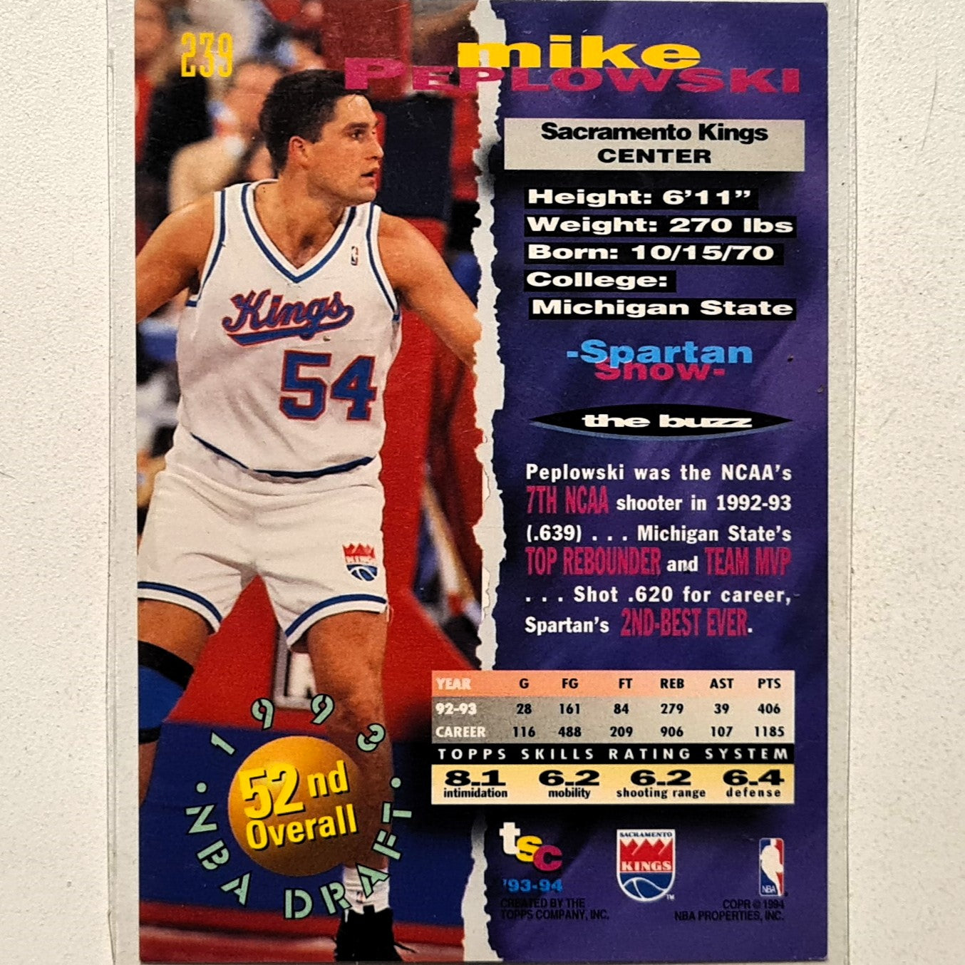 Mike Peplowski 1994 Topps Stadium Club 93-94 93 Draft pick rookie RC #239 NBA Basketball Sacramento Kings very good Sleeved