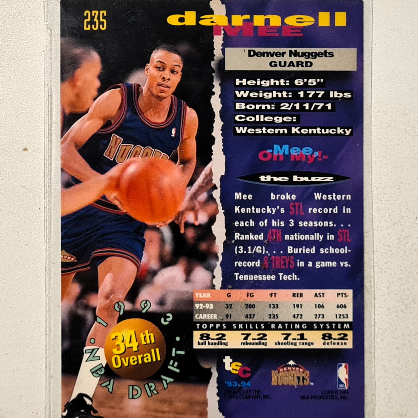 Darnell Mee 1994 Topps Stadium Club 93-94 93 Draft pick rookie RC #235 NBA Basketball Denver Nuggets very good Sleeved