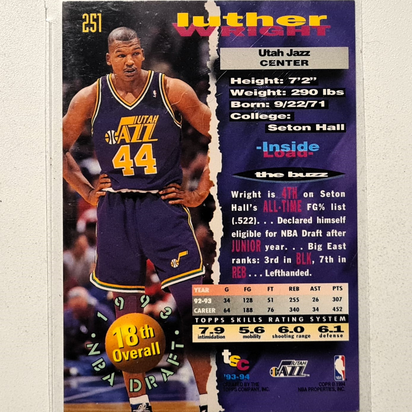 Luther Wright 1994 Topps Stadium Club 93-94 93 Draft pick rookie RC #251 NBA Basketball Utah Jazz very good Sleeved