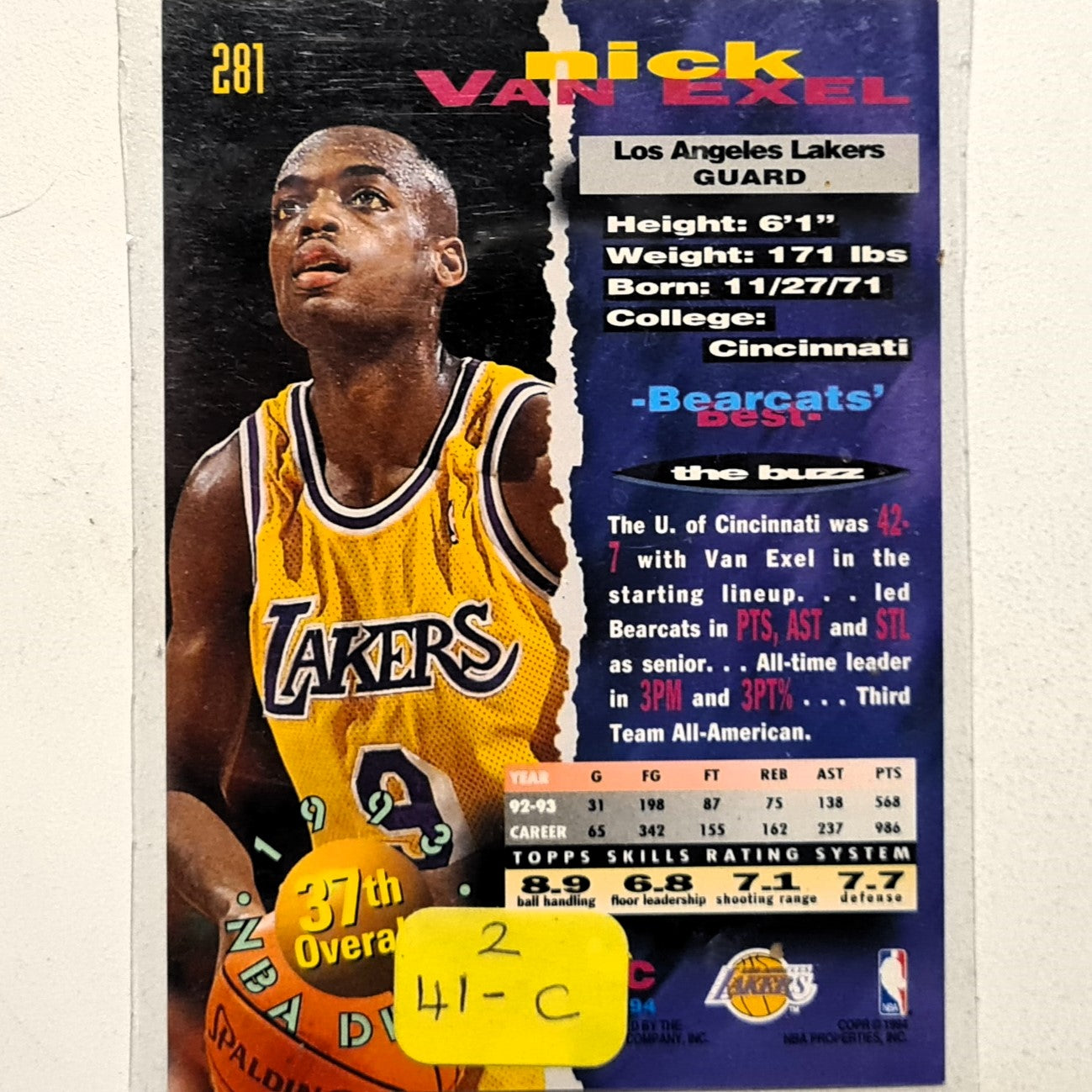 Nick Van Exel 1994 Topps Stadium Club 93-94 93 Draft pick rookie RC #281 NBA Basketball LA Lakers very good Sleeved