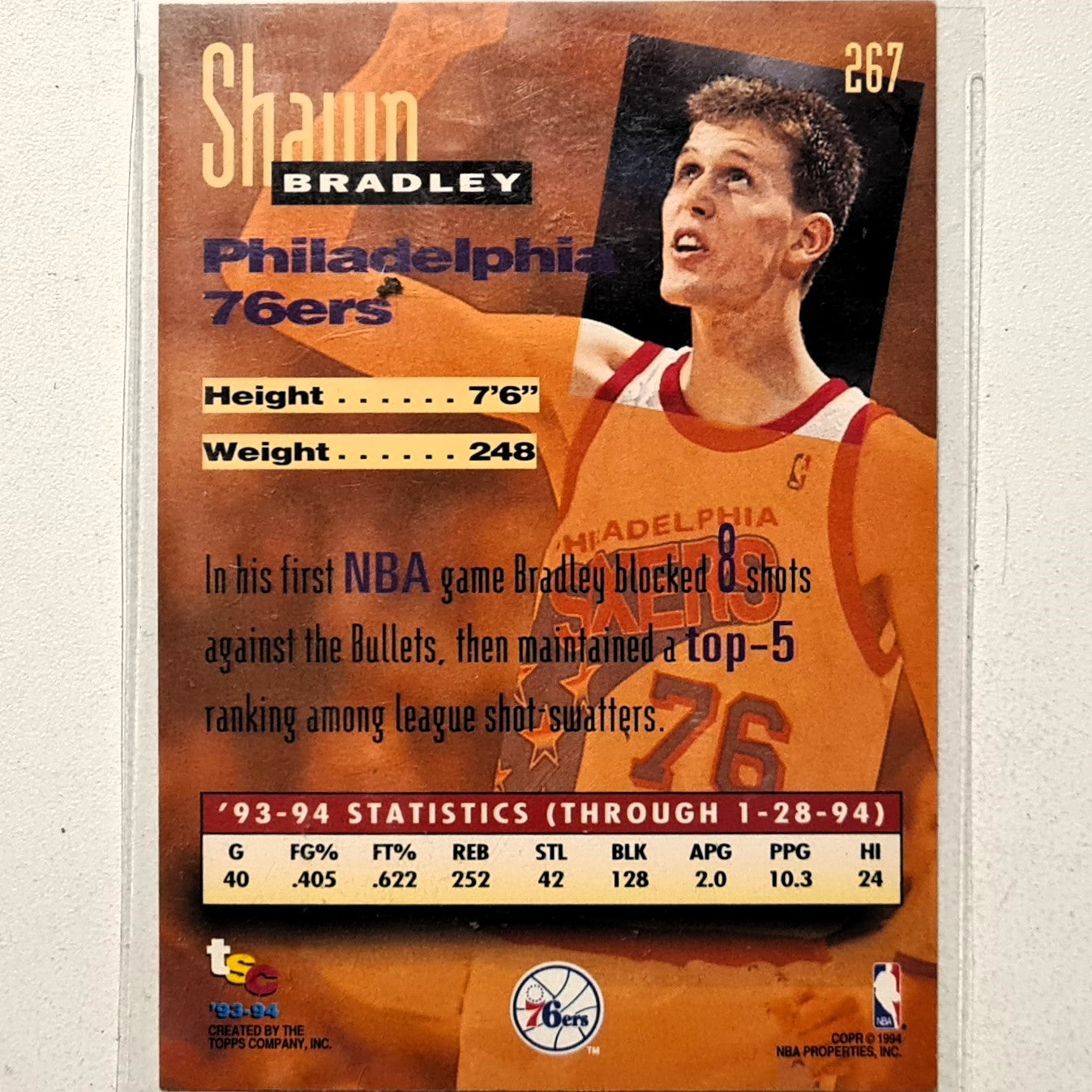 Shawn Bradley 1994 Topps Stadium Club 93-94 93 New Wave rookie RC #267 NBA Basketball Philadelphia 76ers very good Sleeved