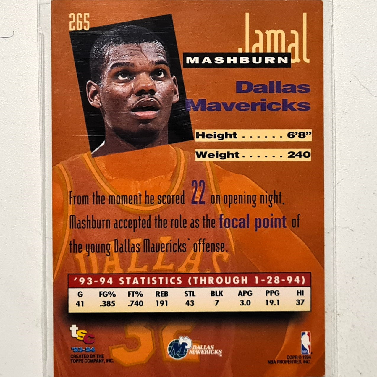 Jamal Mashburn 1994 Topps Stadium Club 93-94 93 New Wave rookie RC #265 NBA Basketball Dallas Mavericks very good Sleeved