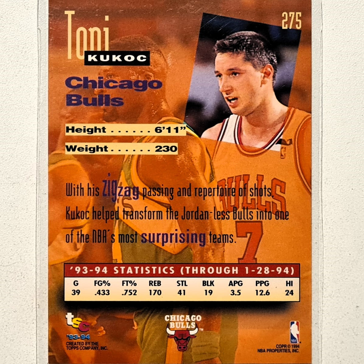 Toni Kukoc 1994 Topps Stadium Club 93-94 93 New Wave rookie RC #275 NBA Basketball Chicago Bulls very good Sleeved