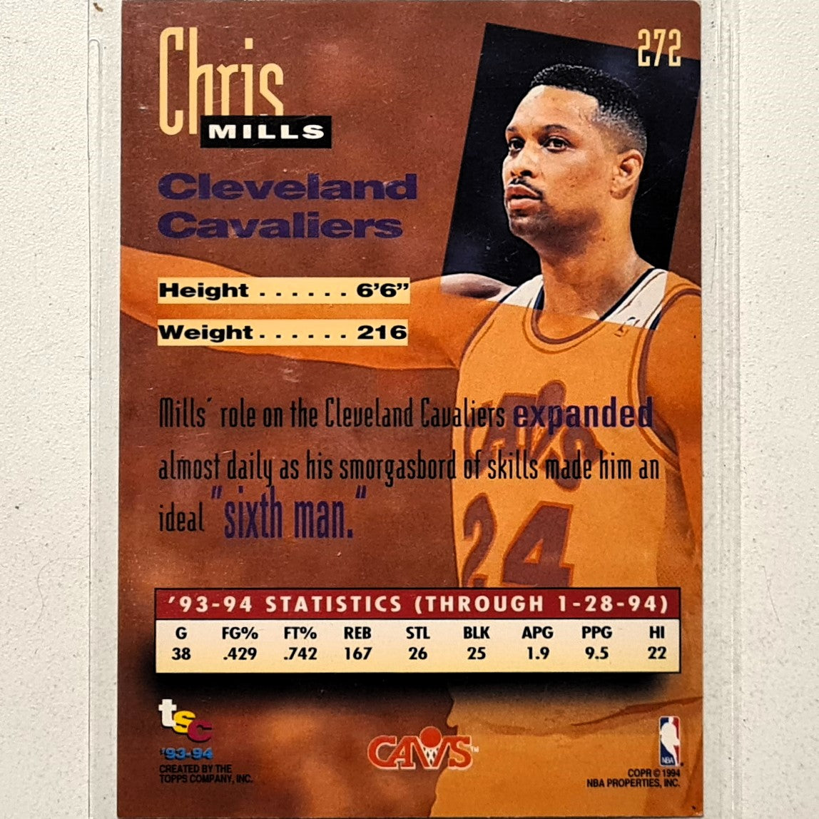 Chris Mills 1994 Topps Stadium Club 93-94 93 New Wave rookie RC #275 NBA Basketball Cleveland Cavaliers very good Sleeved