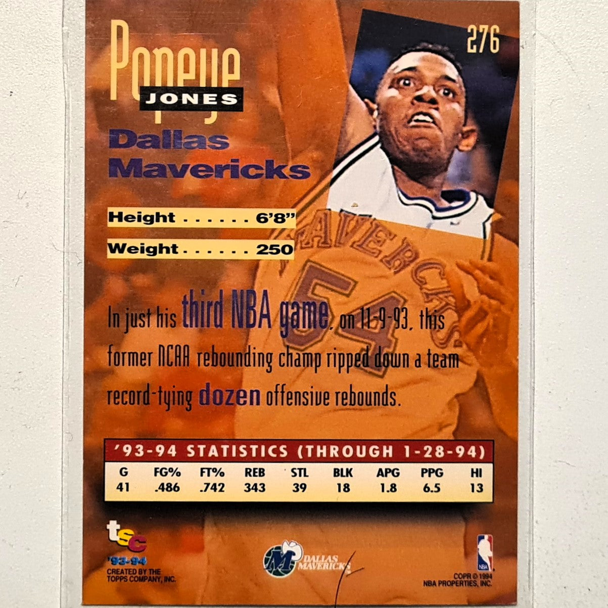 Popeye Jones 1994 Topps Stadium Club 93-94 93 New Wave rookie RC #276 NBA Basketball Dallas Mavericks very good Sleeved