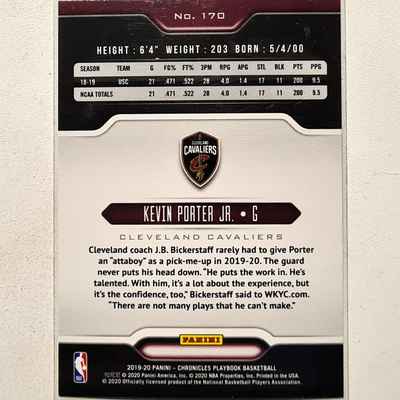 Kevin Porter Jr 2019-20 Panini Chronicles playbook Rookie RC #170 NBA Basketball Cleveland Cavaliers Excellent sleeved