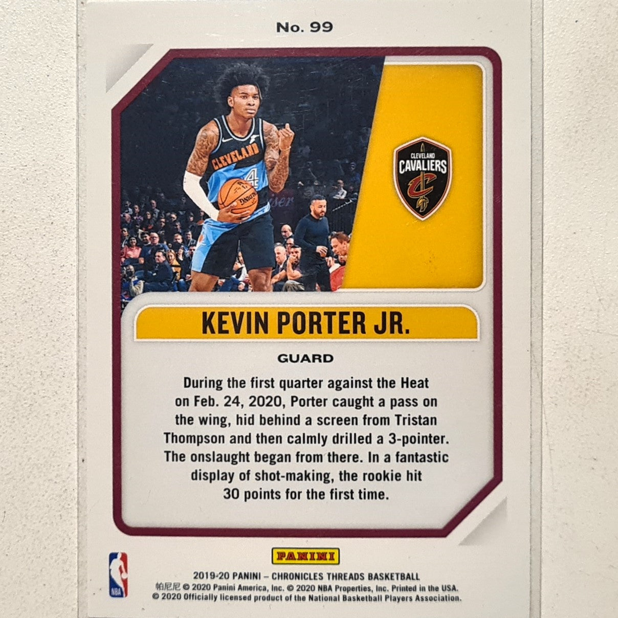 Kevin Porter Jr 2019-20 Panini Chronicles Threads Rookie RC #99 NBA Basketball Cleveland Cavaliers Excellent sleeved