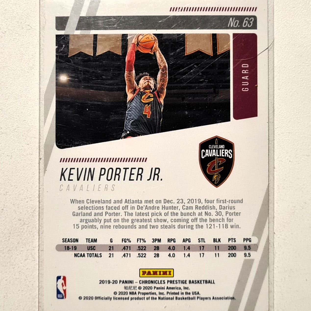 Kevin Porter Jr 2019-20 Panini Chronicles Prestige Rookie RC #63 NBA Basketball Cleveland Cavaliers Excellent sleeved