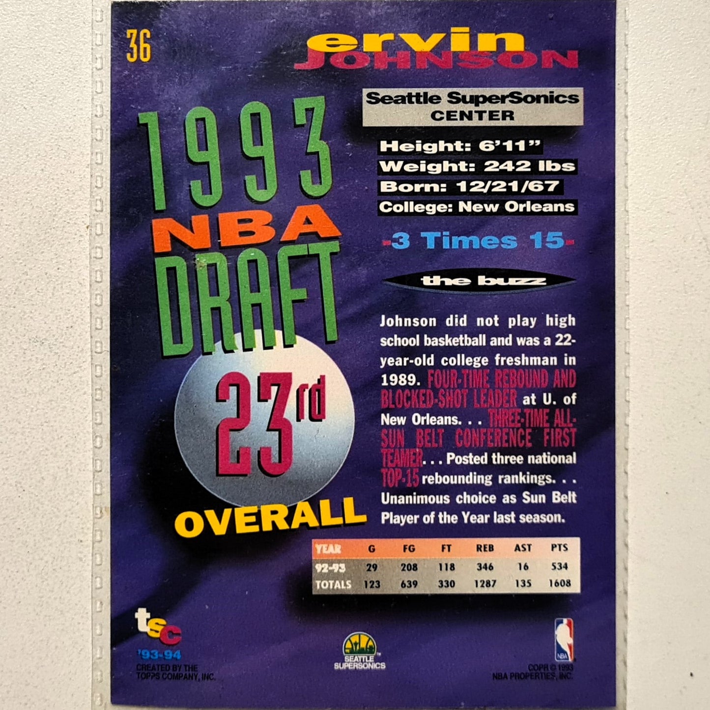 Ervin Johnson 1993 Topps Stadium Club Draft 93 Rookie RC #36 NBA Basketball Seattle Super Sonics very good Sleeved