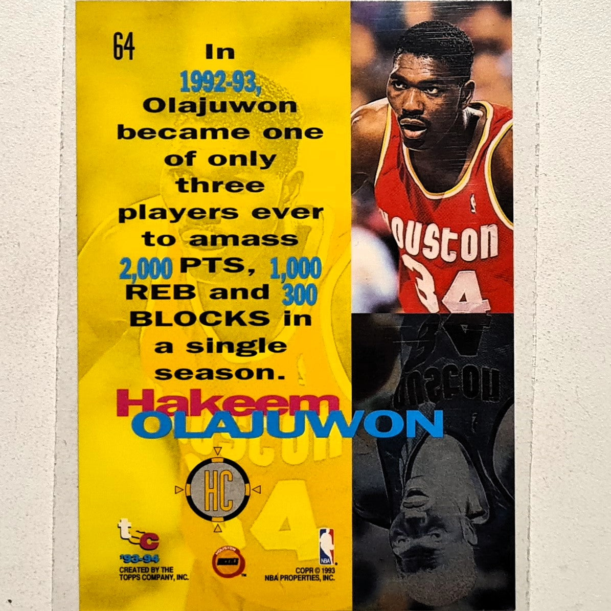 Hakeem Olajuwon 1993 Topps Stadium club High Court #64 NBA basketball Houston Rockets very good