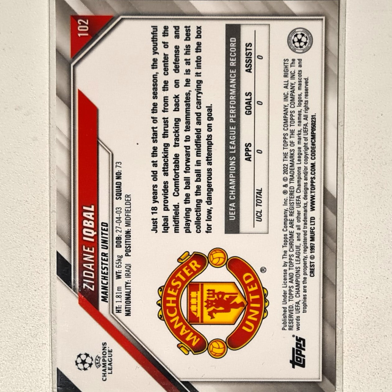 Zidane Iqbal 2022 Topps Chrome Champions League Rookie RC #102 Soccer football Manchester United Mint sleeved